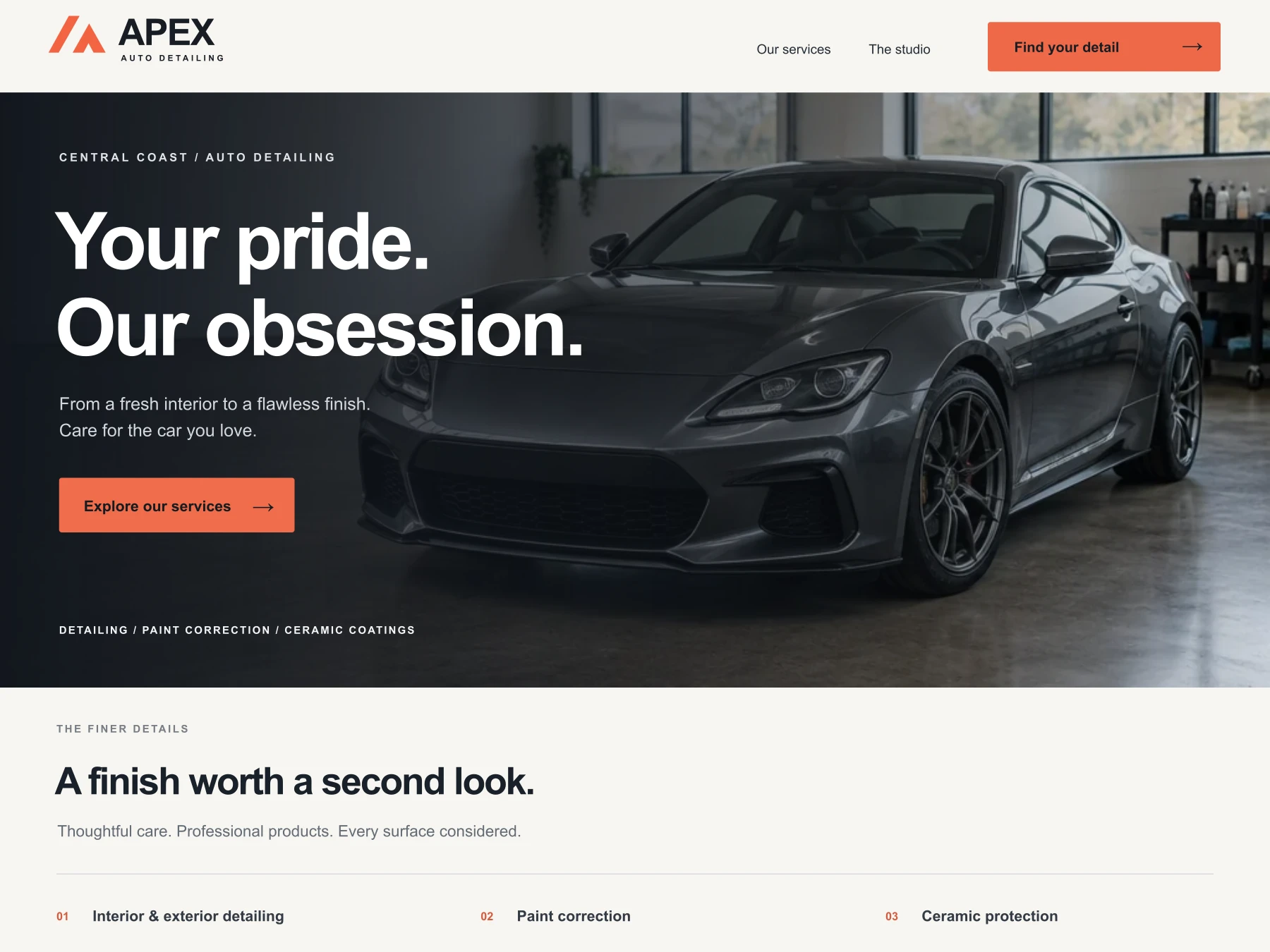 Modern Apex Auto Detailing website design concept with a geometric logo, large automotive photography and a clear service enquiry button