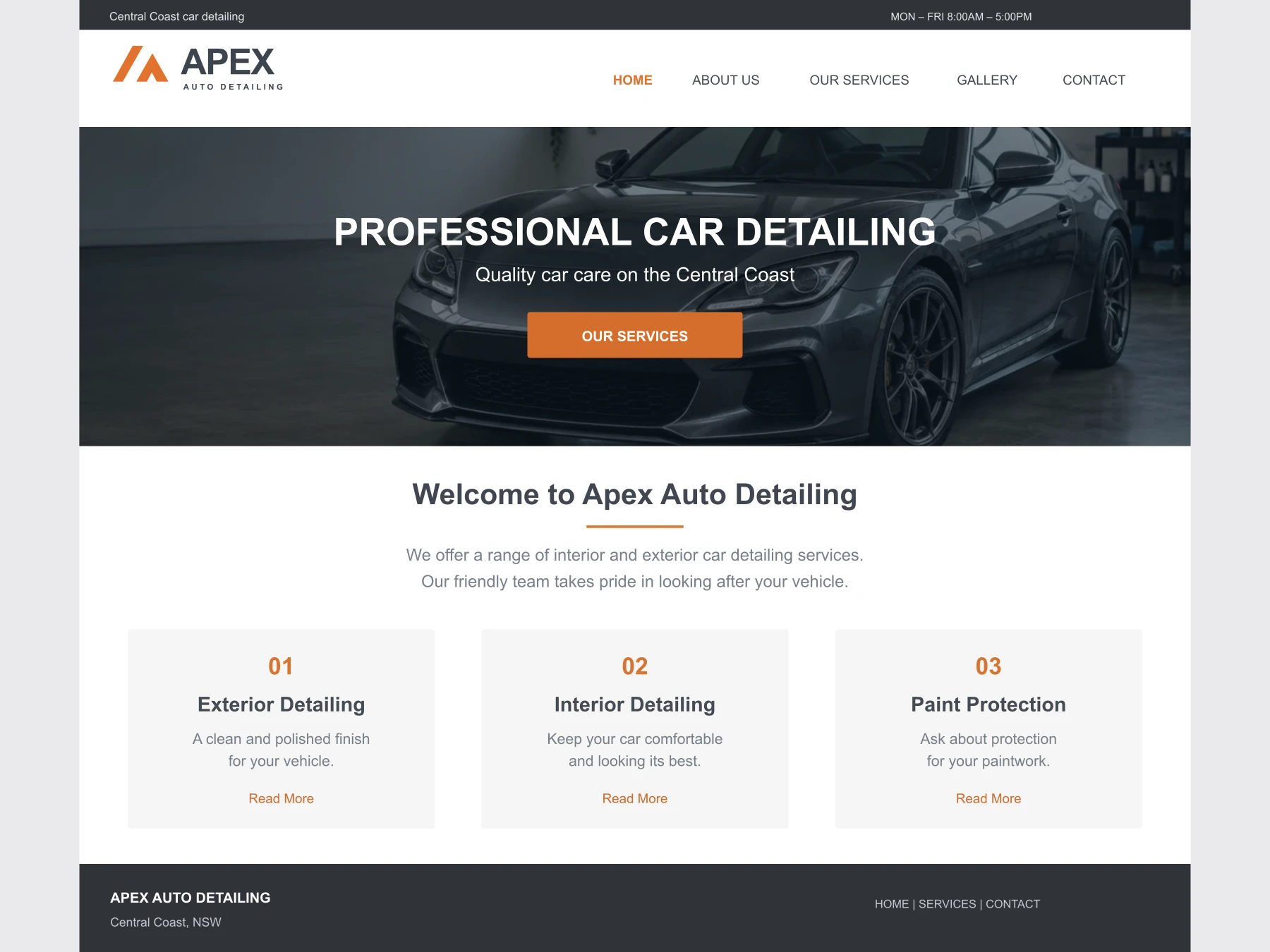 Example of a basic 2019 Apex Auto Detailing website with a boxed layout, small banner and generic service cards