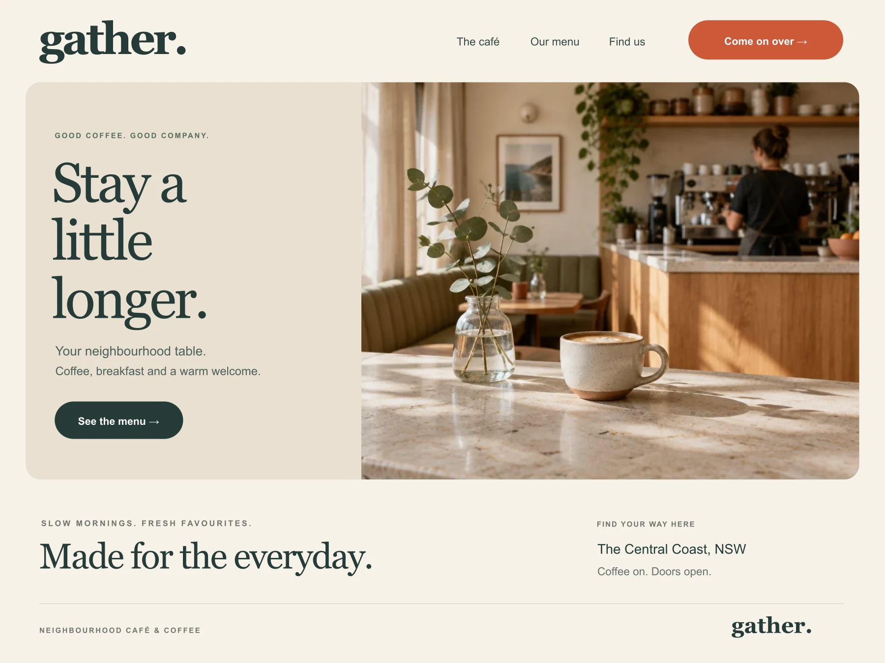 Café website design concept with bold typography, a warm interior photograph and a clear menu link