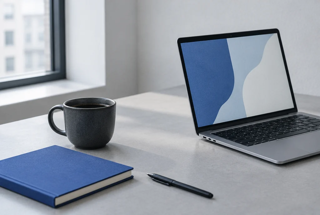 A laptop and notebook in a quiet design studio